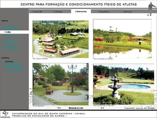 1 Introdução 2 Histórico 3 Referenciais 4 Diagnóstico 5 Proposta Foto da área dos dormitórios Foto do lago próximo aos dormitórios. Foto da praça interna Foto da piscina ao lado do prédio sede. EXTRAS: + IMPLANTAÇÃO + FOTOS TERRENO EXTRAS: + IMPLANTAÇÃO + FOTOS TERRENO << >> Referenciais MENU: + INTRODUÇÃO - REFERENCIAIS - Cotia -  Cidade  do  Galo -  Xerém -  Conclusão + DIAGNÓSTICO + PROPOSTA + CONCLUSÃO 