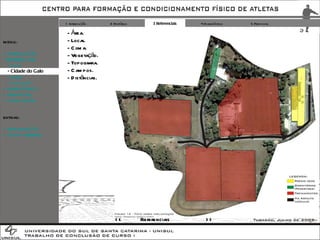 1 Introdução 2 Histórico 3 Referenciais 4 Diagnóstico 5 Proposta - Área. Local. Clima. Vegetação. Topografia. Campos. Distâncias. EXTRAS: + IMPLANTAÇÃO + FOTOS TERRENO >> << Referenciais MENU: + INTRODUÇÃO - REFERENCIAIS -  Cotia - Cidade do Galo -  Xerém -  Conclusão + DIAGNÓSTICO + PROPOSTA + CONCLUSÃO 