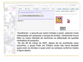 Escolheram  o assunto por serem tímidas e assim, estavam muito interessadas em pesquisar o porquê da timidez. Certamente houve falha na nossa intenção de centrá-las na elaboração da questão norteadora da pesquisa.  No dia 28 de março de 2007, depois de ter acontecido cinco encontros, o grupo Falar em Público ainda não havia decidido quais eram as dúvidas e quais eram as certezas conforme mostra a figura abaixo: 