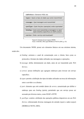 40




                                Figura 8. Estrutura de um arquivo WSDL
                                Fonte: CERAMI, 2002 apud MORELLI NETO (2003, p. 43)



              Um documento WSDL possui seis elementos básicos em sua estrutura interna,

sendo eles:

              a) binding: estrutura o canal de comunicação com o cliente, bem como os

                protocolos e formato dos dados utilizados nas mensagens e operações;

              b) message: define abstratamente um dado, antes de ser transmitido pelo Web

                Service;

              c) service: possui definições que agregam endereços para invocar um serviço

                específico;

              d) types: permite a definição dos tipos de dados utilizados na troca de informações

                entre o servidor e os clientes;

              e) port: elemento que está contido dentro de service, caracterizado por definir o

                endereço para um binding (porta), permitindo que um serviço possa ser

                acessado por diversos meios, como SOAP e HTTP;

              f) portType: contém a definição das operações públicas disponíveis em um Web

                Service, referenciando diversas mensagens de entrada (input) e saída (output)

                (MORELLI NETO, 2003).
 