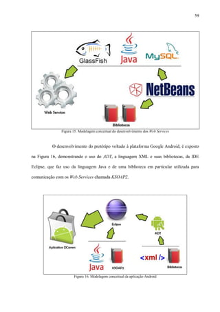 59




               Figura 15. Modelagem conceitual do desenvolvimento dos Web Services



          O desenvolvimento do protótipo voltado à plataforma Google Android, é exposto

na Figura 16, demonstrando o uso do ADT, a linguagem XML e suas bibliotecas, da IDE

Eclipse, que faz uso da linguagem Java e de uma biblioteca em particular utilizada para

comunicação com os Web Services chamada KSOAP2.




                      Figura 16. Modelagem conceitual da aplicação Android
 