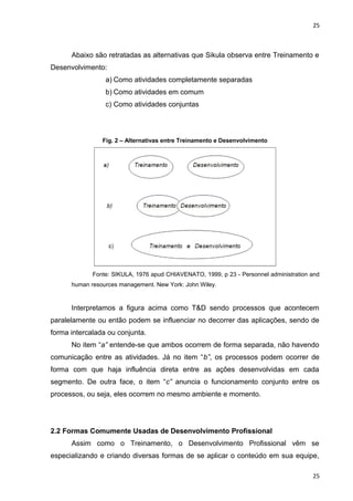 25 
Abaixo são retratadas as alternativas que Sikula observa entre Treinamento e 
Desenvolvimento: 
a) Como atividades completamente separadas 
b) Como atividades em comum 
c) Como atividades conjuntas 
Fig. 2 – Alternativas entre Treinamento e Desenvolvimento 
Fonte: SIKULA, 1976 apud CHIAVENATO, 1999, p 23 - Personnel administration and 
human resources management. New York: John Wiley. 
Interpretamos a figura acima como T&D sendo processos que acontecem 
paralelamente ou então podem se influenciar no decorrer das aplicações, sendo de 
forma intercalada ou conjunta. 
No item “a” entende-se que ambos ocorrem de forma separada, não havendo 
comunicação entre as atividades. Já no item “b”, os processos podem ocorrer de 
forma com que haja influência direta entre as ações desenvolvidas em cada 
segmento. De outra face, o item “c” anuncia o funcionamento conjunto entre os 
processos, ou seja, eles ocorrem no mesmo ambiente e momento. 
2.2 Formas Comumente Usadas de Desenvolvimento Profissional 
Assim como o Treinamento, o Desenvolvimento Profissional vêm se 
especializando e criando diversas formas de se aplicar o conteúdo em sua equipe, 
25 
 