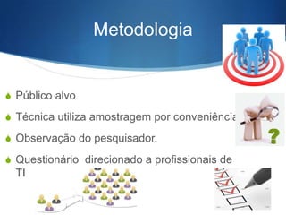 Metodologia

S Público alvo

S Técnica utiliza amostragem por conveniência
S Observação do pesquisador.
S Questionário direcionado a profissionais de

TI

 