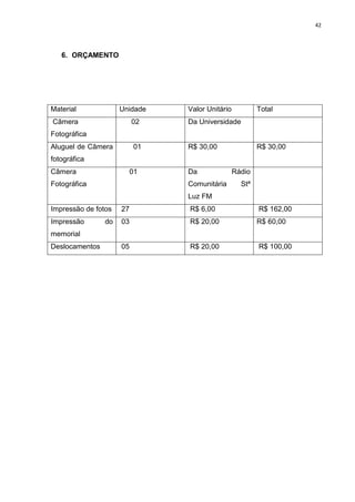 42
6. ORÇAMENTO
Material Unidade Valor Unitário Total
Câmera
Fotográfica
02 Da Universidade
Aluguel de Câmera
fotográfica
01 R$ 30,00 R$ 30,00
Câmera
Fotográfica
01 Da Rádio
Comunitária Stª
Luz FM
Impressão de fotos 27 R$ 6,00 R$ 162,00
Impressão do
memorial
03 R$ 20,00 R$ 60,00
Deslocamentos 05 R$ 20,00 R$ 100,00
 