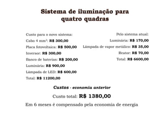 Custo para o novo sistema:
Cabo 4 mm2: R$ 300,00
Placa fotovoltaica: R$ 500,00
Inversor: R$ 300,00
Banco de baterias: R$ 200,00
Luminária: R$ 900,00
Lâmpada de LED: R$ 600,00
Total: R$ 11200,00
Pelo sistema atual:
Luminária: R$ 170,00
Lâmpada de vapor metálico: R$ 35,00
Reator: R$ 70,00
Total: R$ 6600,00
Custos - economia anterior
Custo total: R$ 1380,00
Em 6 meses é compensado pela economia de energia
 