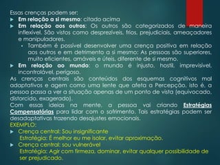 Essas crenças podem ser:
 Em relação a si mesmo: citado acima
 Em relação aos outros: Os outros são categorizados de maneira
inflexível. São vistos como desprezíveis, frios, prejudiciais, ameaçadores
e manipuladores.
 Também é possível desenvolver uma crença positiva em relação
aos outros e em detrimento a si mesmo: As pessoas são superiores,
muito eficientes, amáveis e úteis, diferente de si mesmo.
 Em relação ao mundo: o mundo é injusto, hostil, imprevisível,
incontrolável, perigoso.
As crenças centrais são conteúdos dos esquemas cognitivos mal
adaptativos e agem como uma lente que afeta a Percepção, isto é, a
pessoa passa a ver a situação apenas de um ponto de vista (equivocado,
distorcido, exagerado).
Com essas ideias na mente, a pessoa vai criando Estratégias
Compensatórias para lidar com o sofrimento. Tais estratégias podem ser
desadaptativas trazendo desajustes emocionais.
EXEMPLO:
 Crença central: Sou insignificante
Estratégia: É melhor eu me isolar, evitar aproximação.
 Crença central: sou vulnerável
Estratégia: Agir com firmeza, dominar, evitar qualquer possibilidade de
ser prejudicado.
 