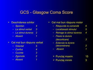 GCS - Glasgow Coma ScoreGCS - Glasgow Coma Score
 Deschiderea ochilor
– Spontan 4
– La stimul verbal 3
– La stimul dureros 2
– Absent 1
 Cel mai bun răspuns verbal
– Orientat 5
– Confuz 4
– Cuvinte 3
– Zgomote 2
– Absent 1
 Cel mai bun răspuns motor
– Răspunde la comandă 6
– Localizează stimulul 5
– Retrage la stimul dureros 4
– Flexie la durere
(decorticare) 3
– Extensie la durere
(decerebrare) 2
– Absent 1
 Punctaj maxim 15
 Punctaj minim 3
 