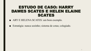 ESTUDO DE CASO: HARRY
DAWES SCATES E HELEN ELAINE
SCATES
■ ARY E HELENA SCATES: um bom exemplo.
■ Estratégia: nunca sozinho; sistema de cotas; colegiado.
7
 