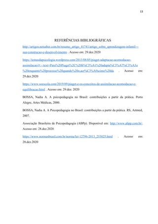 13
REFERÊNCIAS BIBLIOGRÁFICAS
http://artigos.netsaber.com.br/resumo_artigo_41741/artigo_sobre_aprendizagem-infantil---
sua-construcao-e-desenvolvimento . Acesso em: 29.dez.2020
https://temasdapsicologia.wordpress.com/2013/08/05/piaget-adaptacao-acomodacao-
assimilacao/#:~:text=Para%20Piaget%2C%20h%C3%A1%20adapta%C3%A7%C3%A3o
%20enquanto%20processo%20quando%20o,acr%C3%A9scimo%20da . Acesso em:
29.dez.2020
https://www.soescola.com/2019/09/piaget-e-os-conceitos-de-assimilacao-acomodacao-e-
equilibracao.html . Acesso em: 29.dez. 2020
BOSSA, Nadia A. A psicopedagogia no Brasil: contribuições a partir da prática. Porto
Alegre, Artes Médicas, 2000.
BOSSA, Nadia A. A Psicopedagogia no Brasil: contribuições a partir da prática. RS, Artmed,
2007.
Associação Brasileira de Psicopedagogia (ABPp). Disponível em: http://www.abpp.com.br/.
Acesso em: 28.dez.2020
https://www.normasbrasil.com.br/norma/lei-12796-2013_253025.html . Acesso em:
28.dez.2020
 