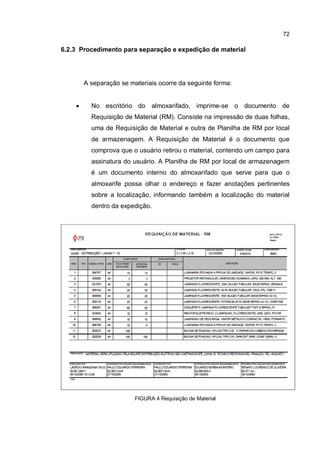 72
6.2.3 Procedimento para separação e expedição de material
A separação se materiais ocorre da seguinte forma:
� No escritório do almoxarifado, imprime-se o documento de
Requisição de Material (RM). Consiste na impressão de duas folhas,
uma de Requisição de Material e outra de Planilha de RM por local
de armazenagem. A Requisição de Material é o documento que
comprova que o usuário retirou o material, contendo um campo para
assinatura do usuário. A Planilha de RM por local de armazenagem
é um documento interno do almoxarifado que serve para que o
almoxarife possa olhar o endereço e fazer anotações pertinentes
sobre a localização, informando também a localização do material
dentro da expedição.
FIGURA 4 Requisição de Material
 