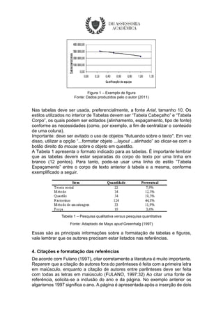 Figura 1 – Exemplo de figura
Fonte: Dados produzidos pelo o autor (2011)
Nas tabelas deve ser usada, preferencialmente, a fonte Arial, tamanho 10. Os
estilos utilizados no interior de Tabelas devem ser “Tabela Cabeçalho” e “Tabela
Corpo”, os quais podem ser editados (alinhamento, espaçamento, tipo de fonte)
conforme as necessidades (como, por exemplo, a fim de centralizar o conteúdo
de uma coluna).
Importante: deve ser evitado o uso de objetos "flutuando sobre o texto". Em vez
disso, utilizar a opção “...formatar objeto ...layout ...alinhado” ao clicar-se com o
botão direito do mouse sobre o objeto em questão.
A Tabela 1 apresenta o formato indicado para as tabelas. É importante lembrar
que as tabelas devem estar separadas do corpo do texto por uma linha em
branco (12 pontos). Para tanto, pode-se usar uma linha do estilo “Tabela
Espaçamento” entre o corpo de texto anterior à tabela e a mesma, conforme
exemplificado a seguir.
Tabela 1 – Pesquisa qualitativa versus pesquisa quantitativa
Fonte: Adaptado de Mays apud Greenhalg (1997)
Essas são as principais informações sobre a formatação de tabelas e figuras,
vale lembrar que os autores precisam estar listados nas referências.
4. Citações e formatação das referências
De acordo com Fulano (1997), citar corretamente a literatura é muito importante.
Reparem que a citação de autores fora do parênteses é feita com a primeira letra
em maiúsculo, enquanto a citação de autores entre parênteses deve ser feita
com todas as letras em maiúsculo (FULANO, 1997:32) Ao citar uma fonte de
referência, solicita-se a inclusão do ano e da página. No exemplo anterior os
algarismos 1997 significa o ano. A página é apresentada após a inserção de dois
 