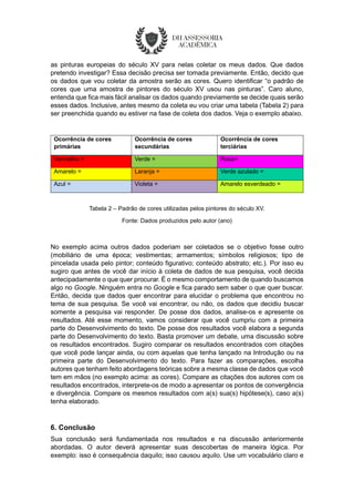as pinturas europeias do século XV para nelas coletar os meus dados. Que dados
pretendo investigar? Essa decisão precisa ser tomada previamente. Então, decido que
os dados que vou coletar da amostra serão as cores. Quero identificar “o padrão de
cores que uma amostra de pintores do século XV usou nas pinturas”. Caro aluno,
entenda que fica mais fácil analisar os dados quando previamente se decide quais serão
esses dados. Inclusive, antes mesmo da coleta eu vou criar uma tabela (Tabela 2) para
ser preenchida quando eu estiver na fase de coleta dos dados. Veja o exemplo abaixo.
Ocorrência de cores
primárias
Ocorrência de cores
secundárias
Ocorrência de cores
terciárias
Vermelho = Verde = Rosa=
Amarelo = Laranja = Verde azulado =
Azul = Violeta = Amarelo esverdeado =
Tabela 2 – Padrão de cores utilizadas pelos pintores do século XV.
Fonte: Dados produzidos pelo autor (ano)
No exemplo acima outros dados poderiam ser coletados se o objetivo fosse outro
(mobiliário de uma época; vestimentas; armamentos; símbolos religiosos; tipo de
pincelada usada pelo pintor; conteúdo figurativo; conteúdo abstrato; etc.). Por isso eu
sugiro que antes de você dar início à coleta de dados de sua pesquisa, você decida
antecipadamente o que quer procurar. É o mesmo comportamento de quando buscamos
algo no Google. Ninguém entra no Google e fica parado sem saber o que quer buscar.
Então, decida que dados quer encontrar para elucidar o problema que encontrou no
tema de sua pesquisa. Se você vai encontrar, ou não, os dados que decidiu buscar
somente a pesquisa vai responder. De posse dos dados, analise-os e apresente os
resultados. Até esse momento, vamos considerar que você cumpriu com a primeira
parte do Desenvolvimento do texto. De posse dos resultados você elabora a segunda
parte do Desenvolvimento do texto. Basta promover um debate, uma discussão sobre
os resultados encontrados. Sugiro comparar os resultados encontrados com citações
que você pode lançar ainda, ou com aquelas que tenha lançado na Introdução ou na
primeira parte do Desenvolvimento do texto. Para fazer as comparações, escolha
autores que tenham feito abordagens teóricas sobre a mesma classe de dados que você
tem em mãos (no exemplo acima: as cores). Compare as citações dos autores com os
resultados encontrados, interprete-os de modo a apresentar os pontos de convergência
e divergência. Compare os mesmos resultados com a(s) sua(s) hipótese(s), caso a(s)
tenha elaborado.
6. Conclusão
Sua conclusão será fundamentada nos resultados e na discussão anteriormente
abordadas. O autor deverá apresentar suas descobertas de maneira lógica. Por
exemplo: isso é consequência daquilo; isso causou aquilo. Use um vocabulário claro e
 