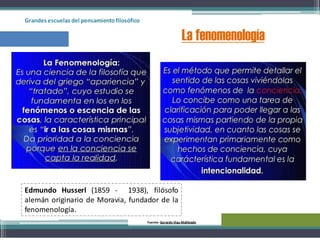 Grandes escuelas del pensamientofilosófico
La fenomenología
Fuente: Gerardo Viau Mollinedo
Edmundo Husserl (1859 - 1938), filósofo
alemán originario de Moravia, fundador de la
fenomenología.
 