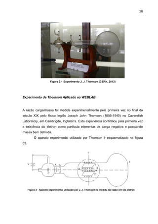 20
Figura 2 - Experimento J. J. Thomson (CERN, 2013)
Experimento de Thomson Aplicado ao WEBLAB
A razão carga/massa foi medida experimentalmente pela primeira vez no final do
século XIX pelo físico inglês Joseph John Thomson (1856-1940) no Cavendish
Laboratory, em Cambrigde, Inglaterra. Esta experiência confirmou pela primeira vez
a existência do elétron como partícula elementar de carga negativa e possuindo
massa bem definida.
O aparato experimental utilizado por Thomson é esquematizado na figura
03.
Figura 3 - Aparato experimental utilizado por J. J. Thomson na medida da razão e/m do elétron
 