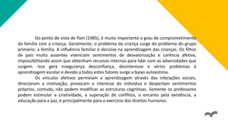 Do ponto de vista de Paín (1985), é muito importante o grau de comprometimento
da família com a criança. Geralmente, o problema da criança surge do problema do grupo
primário: a família. A influência familiar é decisiva na aprendizagem das crianças. Os filhos
de pais muito ausentes vivenciam sentimentos de desvalorização e carência afetiva,
impossibilitando assim que obtenham recursos internos para lidar com as adversidades que
surgem. Isso gera insegurança desconfiança, desinteresse e sérios problemas á
aprendizagem escolar e devido a todos estes fatores surge a baixo autoestima.
Os vínculos afetivos permeiam a aprendizagem através das interações sociais,
direcionam a motivação, provocam o interesse do individuo e despertam sentimentos
próprios, contudo, não podem modificar as estruturas cognitivas. Somente os professores
podem estimular a criatividade, a superação de conflitos, o encanto pela existência, a
educação para a paz, e principalmente para o exercício dos direitos humanos.
 