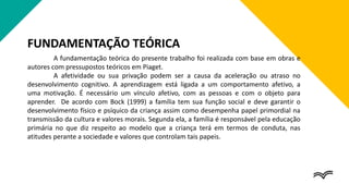 FUNDAMENTAÇÃO TEÓRICA
A fundamentação teórica do presente trabalho foi realizada com base em obras e
autores com pressupostos teóricos em Piaget.
A afetividade ou sua privação podem ser a causa da aceleração ou atraso no
desenvolvimento cognitivo. A aprendizagem está ligada a um comportamento afetivo, a
uma motivação. É necessário um vínculo afetivo, com as pessoas e com o objeto para
aprender. De acordo com Bock (1999) a família tem sua função social e deve garantir o
desenvolvimento físico e psíquico da criança assim como desempenha papel primordial na
transmissão da cultura e valores morais. Segunda ela, a família é responsável pela educação
primária no que diz respeito ao modelo que a criança terá em termos de conduta, nas
atitudes perante a sociedade e valores que controlam tais papeis.
 