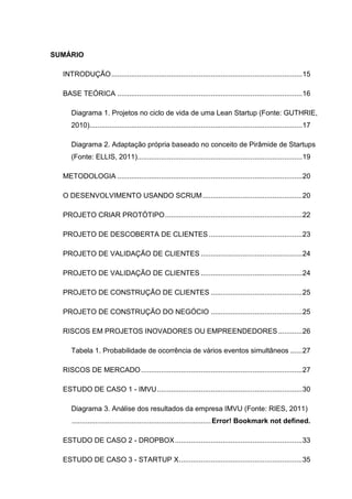 SUMÁRIO

  INTRODUÇÃO ................................................................................................ 15

  BASE TEÓRICA ............................................................................................. 16

     Diagrama 1. Projetos no ciclo de vida de uma Lean Startup (Fonte: GUTHRIE,
     2010)........................................................................................................... 17

     Diagrama 2. Adaptação própria baseado no conceito de Pirâmide de Startups
     (Fonte: ELLIS, 2011)................................................................................... 19

  METODOLOGIA ............................................................................................. 20

  O DESENVOLVIMENTO USANDO SCRUM .................................................. 20

  PROJETO CRIAR PROTÓTIPO ..................................................................... 22

  PROJETO DE DESCOBERTA DE CLIENTES ............................................... 23

  PROJETO DE VALIDAÇÃO DE CLIENTES ................................................... 24

  PROJETO DE VALIDAÇÃO DE CLIENTES ................................................... 24

  PROJETO DE CONSTRUÇÃO DE CLIENTES .............................................. 25

  PROJETO DE CONSTRUÇÃO DO NEGÓCIO .............................................. 25

  RISCOS EM PROJETOS INOVADORES OU EMPREENDEDORES ............ 26

     Tabela 1. Probabilidade de ocorrência de vários eventos simultâneos ...... 27

  RISCOS DE MERCADO ................................................................................. 27

  ESTUDO DE CASO 1 - IMVU ......................................................................... 30

     Diagrama 3. Análise dos resultados da empresa IMVU (Fonte: RIES, 2011)
     ...................................................................... Error! Bookmark not defined.

  ESTUDO DE CASO 2 - DROPBOX ................................................................ 33

  ESTUDO DE CASO 3 - STARTUP X .............................................................. 35
 