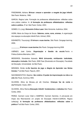 69
FRIEDMANN, Adriana. Brincar: crescer e aprender- o resgate do jogo infantil.
São Paulo: Moderna, 1996;
GARCIA, Regina Leite. Formação de professoras alfabetizadoras- reflexões sobre
uma prática coletiva. In: A formação da professora alfabetizadora: reflexões
sobre a prática. 4ª ed. São Paulo: Cortez, 2003;
GOMES, C.L.(org). Dicionário Crítico Lazer. Belo Horizonte: Autêntica, 2004;
HORN, Maria da Graça de Souza. Sabores, cores, sons, aromas. A organização
dos espaços na educação infantil.Porto: Artmed, 2004;
KISHIMOTO, Tizuco(org). O brincar e suas teorias. São Paulo: Cengage learning,
2009;
_________ O brincar e suas teorias.São Paulo: Cengage learning.2008
LIBÂNEO, José Carlos. Organização e Gestão da escola.Teoria e
Prática.Goiânia:Alternativa, 2001;
MEDEIROS, Wanderleia Azevedo. Miriti brincando, miritizando: ludicidade,
educação e inclusão. São Paulo, 2006.Tese (Doutorado em Educação). Faculdade
de Educação, Universidade de São Paulo;
MIRANDA, Simão de.Do fascínio do jogo a Alegria de Aprender nas Séries
Iniciais.1ª ed.São Paulo: Papuris, 2001.
NACHMANOVITCH, Stephen. Ser criativo: O poder da improvisação na vida e na
arte.São Paulo, Summus,1993;
OLIVEIRA, Zilma de Moraes...(et all) Creches: Crianças faz de conta e
cia.Petrópolis: Vozes, 2001;
OLIVEIRA, Zilma Ramos.Educação Infantil: fundamentos e métodos.São Paulo:
Cortez, 2002.
PEREZ, Carmem Lúcia Vidal e SAMPAIO, Carmem Sanches. A pré-escola em
Angra dos Reis-tecendo um projeto de Educação infantil.In.GARCIA, Regina
Leite(org). A formação da professora alfabetizadora: reflexões sobre a
prática.4ª ed.São Paulo: Cortez, 2003;
 