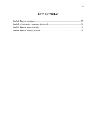 10
LISTA DE TABELAS
Tabela 1: Tipos de anotações ....................................................................................................... 37
Tabela 2 : Componentes elementares do AspectJ ........................................................................ 38
Tabela 3: Tipos de pontos de junção ............................................................................................ 38
Tabela 4: Tipos de adendos (advices) .......................................................................................... 39
 