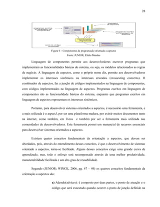 28
Figura 6 – Componentes da programação orientada a aspectos
Fonte: JUNIOR, Elidio Mendes
Linguagem de componentes permite aos desenvolvedores escrever programas que
implementam as funcionalidades básicas do sistema, ou seja, os módulos relacionados as regras
de negócio. A linguagem de aspectos, como o próprio nome diz, permite aos desenvolvedores
implementar os interesses sistêmicos ou interesses cruzados (crosscuting concerns). O
combinador de aspectos, faz a junção de códigos implementados na linguagem de componentes,
com códigos implementados na linguagem de aspectos. Programas escritos em linguagem de
componentes são as funcionalidade básicas do sistema, enquanto que programas escritos em
linguagem de aspectos representam os interesses sistêmicos.
Portanto, para desenvolver sistemas orientados a aspectos, é necessário uma ferramenta, e
a mais utilizada é o aspectJ, por ser uma plataforma madura, por existir muitos documentos tanto
na internet, como também, em livros e também por ser a ferramenta mais utilizada nas
comunidades de desenvolvedores. Esta ferramenta possui um manancial de recursos essenciais
para desenvolver sistemas orientados a aspectos.
Existem quatro conceitos fundamentais da orientação a aspectos, que devem ser
abordados, pois, através do entendimento desses conceitos, é que o desenvolvimento de sistemas
orientado a aspectos, torna-se facilitado. Alguns desses conceitos exige uma grande curva de
aprendizado, mas, todo o esforço será recompensado através de uma melhor produtividade,
manutenabilidade facilitada e um alto grau de reusabilidade.
Segundo (JUNIOR; WINCK, 2006, pg. 47 – 49) os quatros conceitos fundamentais da
orientação a aspectos são:
a) Adendo(advices): é composto por duas partes, o ponto de atuação e o
código que será executado quando ocorrer o ponto de junção definido na
 