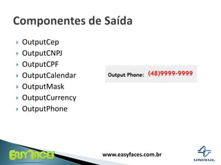 OutputCepOutputCNPJOutputCPFOutputCalendarOutputMaskOutputCurrencyOutputPhoneComponentes de Saída