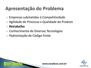 Empresas submetidas à CompetitividadeAgilidade do Processo x Qualidade do ProdutoRetrabalhoConhecimento de Diversas TecnologiasPadronização de Código FonteApresentação do Problema