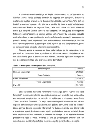 33
A primeira frase da sentença em inglês utiliza o verbo “to be” (ser/está) no
exemplo acima, verbo adotado também na legenda em português, tornando-a
exatamente igual ao original; já na dublagem foi utilizado o verbo “fazer” (“to do”, em
inglês), o que na verdade, não alterou o sentido da frase e está perfeitamente
compreensível. Porém na segunda frase, cada texto utiliza um verbo diferente,
sendo que o original utiliza o verbo “to wait” (esperar, em português); a dublagem foi
feita com o verbo “pegar”; e a legenda utiliza o verbo “subir”. Ou seja, cada tradução
realizada utilizou um verbo diferente, sendo perfeitamente possível o uso apenas da
palavra “waiting” como “esperando” sem alterar o sentido real da sentença, mas nas
duas versões preferiu-se substituir por outra. Apesar de está compreensível, pode-
se considerar essa alteração totalmente desnecessária.
Algumas vezes a mudança do texto pelo tradutor se faz necessária, e ele
precisará encontrar uma frase equivalente no idioma de destino. Percebemos isso
em casos como gírias e expressões não formais. Vejamos agora um exemplo em
que o personagem utiliza uma expressão difícil de traduzir:
Tabela 3 - Adaptação e substituição do texto estrangeiro
Texto Original Tempo
How are you doing? 01:28:38
Texto Dublado Tempo
Como você está? 01:28:38
Texto Legendado Tempo
E você? 01:28:37
Esta expressão traduzida literalmente ficaria algo como: “Como está você
fazendo?”; e mesmo invertendo a posição do verbo com o sujeito, que seria o ideal
em estruturas semelhantes, na tradução do inglês para o português, ainda ficaria
“Como você está fazendo?”. Ou seja, neste trecho precisaria utilizar uma técnica
especial para conseguir um equivalente, que poderia ser “Como estão as coisas?”,
já que se trata de uma expressão não formal. Na dublagem, omitiu-se o último verbo
e inverteu-se a posição do verbo com sujeito, preferindo-se assim a substituição por
uma expressão formal, mudando o contexto do diálogo. Já na legenda omitiu-se
praticamente toda a frase, iniciando a fala do personagem anterior com um
conectivo, que também havia feito a mesma pergunta, e mantendo-se o sujeito.
 