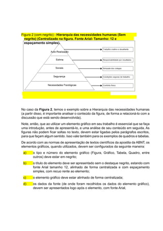 No caso da Figura 2, temos o exemplo sobre a Hierarquia das necessidades humanas
(a partir disso, é importante analisar o conteúdo da figura, de forma a relacioná-lo com a
discussão que está sendo desenvolvida).
Note, então, que ao utilizar um elemento gráfico em seu trabalho é essencial que se faça
uma introdução, antes de apresentá-lo, e uma análise de seu conteúdo em seguida. As
figuras não podem ficar soltas no texto, devem estar ligadas pelos parágrafos escritos,
para que façam algum sentido. Isso vale também para os exemplos de quadros e tabelas.
De acordo com as normas de apresentação de textos científicos da apostila da ABNT, os
elementos gráficos, quando utilizados, devem ser configurados da seguinte maneira:
a) o tipo e número do elemento gráfico (Figura, Gráfico, Tabela, Quadro, entre
outros) deve estar em negrito;
b) o título do elemento deve ser apresentado sem o destaque negrito, estando com
fonte Arial tamanho 12, alinhado de forma centralizada e com espaçamento
simples, com recuo rente ao elemento;
c) o elemento gráfico deve estar alinhado de forma centralizada;
d) os dados da fonte (de onde foram recolhidos os dados do elemento gráfico),
devem ser apresentados logo após o elemento, com fonte Arial,
Figura 2 (com negrito) - Hierarquia das necessidades humanas (Sem
negrito) (Centralizado na figura. Fonte Arial- Tamanho: 12 e
espaçamento simples).
 