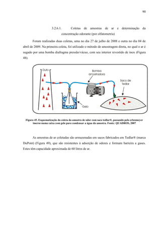 90
3.2.6.1. Coletas de amostras de ar e determinação da
concentração odorante (por olfatometria)
Foram realizadas duas coletas, uma no dia 27 de julho de 2008 e outra no dia 04 de
abril de 2009. Na primeira coleta, foi utilizado o método de amostragem direta, no qual o ar é
sugado por uma bomba diafragma pressão/vácuo, com seu interior revestido de inox (Figura
48).
Figura 45. Esquematização da coleta da amostra de odor com saco tedlar®, passando pelo erlenmeyer
imerso numa caixa com gelo para condensar a água da amostra. Fonte: QUADROS, 2007
As amostras de ar coletadas são armazenadas em sacos fabricados em Tedlar® (marca
DuPont) (Figura 49), que são resistentes à adsorção de odores e formam barreira a gases.
Estes têm capacidade aproximada de 60 litros de ar.
 