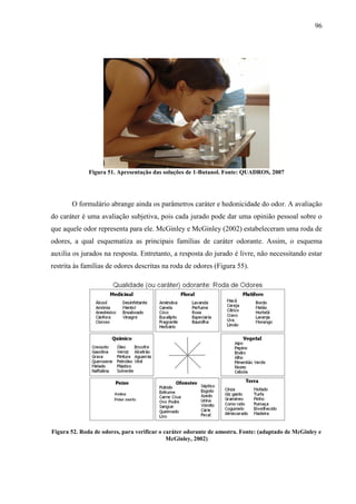 96
Figura 51. Apresentação das soluções de 1-Butanol. Fonte: QUADROS, 2007
O formulário abrange ainda os parâmetros caráter e hedonicidade do odor. A avaliação
do caráter é uma avaliação subjetiva, pois cada jurado pode dar uma opinião pessoal sobre o
que aquele odor representa para ele. McGinley e McGinley (2002) estabeleceram uma roda de
odores, a qual esquematiza as principais famílias de caráter odorante. Assim, o esquema
auxilia os jurados na resposta. Entretanto, a resposta do jurado é livre, não necessitando estar
restrita às famílias de odores descritas na roda de odores (Figura 55).
Figura 52. Roda de odores, para verificar o caráter odorante de amostra. Fonte: (adaptado de McGinley e
McGinley, 2002)
 