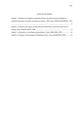 XIV
LISTA DE QUADROS
Quadro 1. Estimativa do impacto de algumas doenças decorrentes da precariedade do
ambiente doméstico nos países em desenvolvimento. 1990. Fonte: BANCO MUNDIAL, 1993
....................................................................................................................................................8
Quadro 2. Estimativa do número de infecções por helmintíases e protozooses por ano no
mundo. Fonte: WHO/UNICEF, 2000.........................................................................................8
Quadro 3. Alternativas e tecnologias permaculturais. Fonte: MIRANDA, 2007.....................34
Quadro 4. Vantagens e desvantagens de Banheiros Secos. Fonte: (MARTINS, 2007)...........35
 