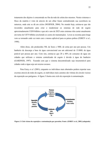 22
tratamento dos dejetos é concentrado no fim da rede de coleta dos mesmos. Nestes sistemas o
fluxo da matéria é visto de através de um olhar linear contradizendo sua ocorrência na
natureza, onde este se dá em ciclos (WERNER, 2004). No mundo hoje, estima-se que são
investidos anualmente para criar e modernizar os sistemas de rede de esgoto
aproximadamente U$30 bilhões e que até o ano de 2025 estes sistemas irão custar anualmente
em torno de U$75 bilhões (excluindo os custos de manutenção). Levar as excretas para longe
vem se tornando cada vez mais caro e menos aplicável para os países pobres (ESREY et al.,
1998).
Além disso, são produzidos 50L de fezes e 500L de urina por ano por pessoa. Um
banheiro de descarga a base de água convencional usa um adicional de 15.000L de água
potável por pessoa por ano. Com isto, estima-se que 20 a 40% do consumo de água em
cidades que utilizam o sistema centralizado de esgoto é devido à água do banheiro
(GARDNER, 1997). Fazendo com que o sistema descentralizado seja insustentável para
cidades onde a água seja um recurso escasso.
Para Esrey et al. (2001), enquanto os indivíduos mais abastados podem exportar suas
excretas através de redes de esgoto, os indivíduos mais carentes são vítimas do circulo vicioso
da exposição aos patógenos. A figura 3 ilustra este ciclo de exposição à contaminação.
Figura 3. Ciclo vicioso da exposição e contaminação por parasitas. Fonte: (ESREY et al., 2001) (adaptado)
 