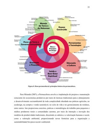 33
Figura 8. Rosa permacultural: princípios básicos da permacultura.
Para Miranda (2007), a Permacultura envolve a implantação de projetos e manutenção
consciente de ecossistemas produtivos por meio de técnicas tradicionais para o planejamento
e desenvolvimento socioambiental de toda complexidade abordada nas práticas agrícolas, no
ecodesign, na compra e venda sustentável, no ciclo de vida e no gerenciamento de resíduos,
entre outros. Isto proporciona conceitos, práticas e metodologias de trabalho para pequenos e
médios produtores rurais e comunidades carentes, por meio da interação e inovação dos
modelos de produtividade tradicionais, discutindo os saberes e a valorização humana e social,
como a valoração ambiental, proporcionando novas fronteiras para a organização e
sustentabilidade bio-psico-social e ambiental.
 