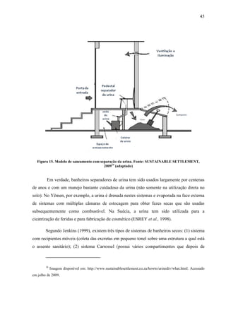 45
Figura 15. Modelo de saneamento com separação da urina. Fonte: SUSTAINABLE SETTLEMENT,
200914
(adaptado)
Em verdade, banheiros separadores de urina tem sido usados largamente por centenas
de anos e com um manejo bastante cuidadoso da urina (não somente na utilização direta no
solo). No Yêmen, por exemplo, a urina é drenada nestes sistemas e evaporada na face externa
de sistemas com múltiplas câmaras de estocagem para obter fezes secas que são usadas
subsequentemente como combustível. Na Suécia, a urina tem sido utilizada para a
cicatrização de feridas e para fabricação de cosmético (ESREY et al., 1998).
Segundo Jenkins (1999), existem três tipos de sistemas de banheiros secos: (1) sistema
com recipientes móveis (coleta das excretas em pequeno tonel sobre uma estrutura a qual está
o assento sanitário); (2) sistema Carrossel (possui vários compartimentos que depois de
14
Imagem disponível em: http://www.sustainablesettlement.co.za/howto/urinediv/what.html. Acessado
em julho de 2009.
 