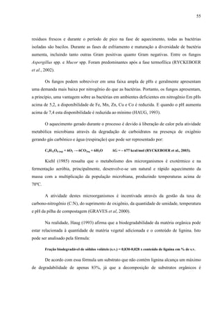 55
resíduos frescos e durante o período de pico na fase de aquecimento, todas as bactérias
isoladas são bacilos. Durante as fases de esfriamento e maturação a diversidade de bactéria
aumenta, incluindo tanto outras Gram positivas quanto Gram negativas. Entre os fungos
Aspergillus spp. e Mucor spp. Foram predominantes após a fase termofílica (RYCKEBOER
et al., 2002).
Os fungos podem sobreviver em uma faixa ampla de pHs e geralmente apresentam
uma demanda mais baixa por nitrogênio do que as bactérias. Portanto, os fungos apresentam,
a princípio, uma vantagem sobre as bactérias em ambientes deficientes em nitrogênio Em pHs
acima de 5,2, a disponibilidade de Fe, Mn, Zn, Cu e Co é reduzida. E quando o pH aumenta
acima de 7,4 esta disponibilidade é reduzida ao mínimo (HAUG, 1993).
O aquecimento gerado durante o processo é devido á liberação de calor pela atividade
metabólica microbiana através da degradação de carboidratos na presença de oxigênio
gerando gás carbônico e água (respiração) que pode ser representado por:
C6H12O6 (aq) + 6O2 → 6CO2aq + 6H2O ΔG = – 677 kcal/mol (RYCKEBOER et al., 2003).
Kiehl (1985) ressalta que o metabolismo dos microrganismos é exotérmico e na
fermentação aeróbia, principalmente, desenvolve-se um natural e rápido aquecimento da
massa com a multiplicação da população microbiana, produzindo temperaturas acima de
70ºC.
A atividade destes microorganismos é incentivada através da gestão da taxa de
carbono-nitrogênio (C:N), do suprimento de oxigênio, da quantidade de umidade, temperatura
e pH da pilha de compostagem (GRAVES et al, 2000).
Na realidade, Haug (1993) afirma que a biodegradabilidade da matéria orgânica pode
estar relacionada à quantidade de matéria vegetal adicionada e o conteúdo de lignina. Isto
pode ser analisado pela fórmula:
Fração biodegradável de sólidos voláteis (s.v.) = 0,830-0,028 x conteúdo de lignina em % de s.v.
De acordo com essa fórmula um substrato que não contém lignina alcança um máximo
de degradabilidade de apenas 83%, já que a decomposição de substratos orgânicos é
 