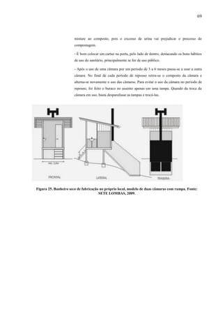 69
misture ao composto, pois o excesso de urina vai prejudicar o processo de
compostagem.
- É bom colocar um cartaz na porta, pelo lado de dentro, destacando os bons hábitos
de uso do sanitário, principalmente se for de uso público.
- Após o uso de uma câmara por um período de 3 a 6 meses passa-se a usar a outra
câmara. No final de cada período de repouso retira-se o composto da câmara e
alterna-se novamente o uso das câmaras. Para evitar o uso da câmara no período de
repouso, foi feito o buraco no assento apenas em uma tampa. Quando da troca da
câmara em uso, basta desparafusar as tampas e trocá-las.
Figura 25. Banheiro seco de fabricação no próprio local, modelo de duas câmaras com rampa. Fonte:
SETE LOMBAS, 2009.
 