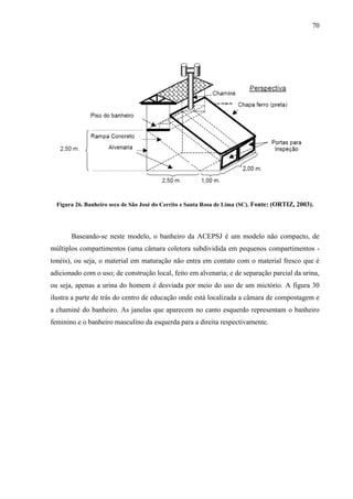 70
Figura 26. Banheiro seco de São José do Cerrito e Santa Rosa de Lima (SC). Fonte: (ORTIZ, 2003).
Baseando-se neste modelo, o banheiro da ACEPSJ é um modelo não compacto, de
múltiplos compartimentos (uma câmara coletora subdividida em pequenos compartimentos -
tonéis), ou seja, o material em maturação não entra em contato com o material fresco que é
adicionado com o uso; de construção local, feito em alvenaria; e de separação parcial da urina,
ou seja, apenas a urina do homem é desviada por meio do uso de um mictório. A figura 30
ilustra a parte de trás do centro de educação onde está localizada a câmara de compostagem e
a chaminé do banheiro. As janelas que aparecem no canto esquerdo representam o banheiro
feminino e o banheiro masculino da esquerda para a direita respectivamente.
 