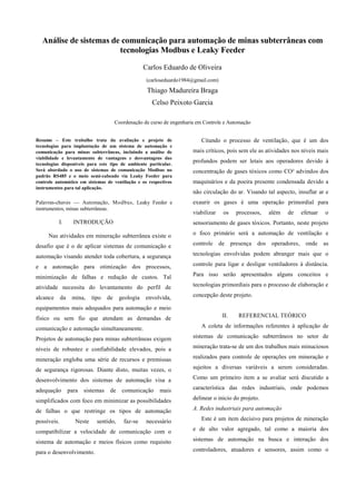 Análise de sistemas de comunicação para automação de minas subterrâneas com
tecnologias Modbus e Leaky Feeder
Carlos Eduar...