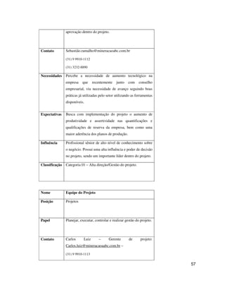 57
aprovação dentro do projeto.
Contato Sebastião.ramalho@mineracaoabc.com.br
(31) 9 9910-1112
(31) 3232-8890
Necessidades Percebe a necessidade de aumento tecnológico na
empresa que recentemente junto com conselho
empresarial, viu necessidade de avanço seguindo boas
práticas já utilizadas pelo setor utilizando as ferramentas
disponíveis.
Expectativas Busca com implementação do projeto o aumento de
produtividade e assertividade nas quantificações e
qualificações de reserva da empresa, bem como uma
maior aderência dos planos de produção.
Influência Profissional sênior de alto nível de conhecimento sobre
o negócio. Possui uma alta influência e poder de decisão
no projeto, sendo um importante líder dentro do projeto.
Classificação Categoria 01 – Alta direção/Gestão do projeto.
Nome Equipe do Projeto
Posição Projetos
Papel Planejar, executar, controlar e realizar gestão do projeto.
Contato Carlos Luiz – Gerente de projeto:
Carlos.luiz@mineracaoaabc.com.br –
(31) 9 9910-1113
 
