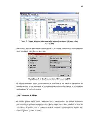 37




      Figura 17. Exemplo de configurações e associações entre os elementos da rede(fonte: Mibra-
                                           Motorola,2005)


O aplicativo também pode coletar endereços MAC e determinar o status de elementos que não
sejam do modelo específico do fabricante.




                  Figura 18. Janela de filtro de eventos (fonte: Mibra-Motorola,2005)


O aplicativo também realiza gerenciamento de configuração de todos os parâmetros de
módulos da rede, gerencia modelos de desempenho e comunica estes modelos de desempenho
aos elementos de rede implantados.


3.8.1 Tratamento de Alerta


Os clientes podem definir alertas, permitindo que o aplicativo faça um registro de eventos
para visualização posterior e respectiva ação. Esses alertas serão, então, exibidos na parte de
visualização de eventos com os alertas de nível do software e outros alertas e eventos pré-
definidos por um gerador de alertas.
 