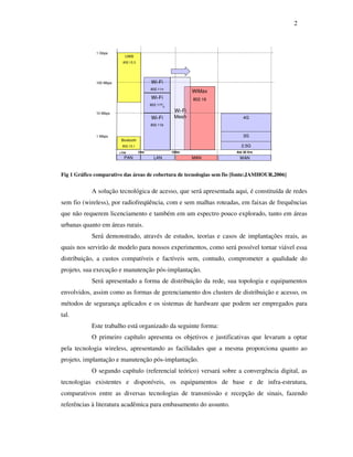 2



              1 Gbps
                           UWB
                          802.15.3




              100 Mbps                     Wi-Fi
                                           802.11n
                                                                WiMax
                                           Wi-Fi                802.16
                                           802.11ª/g

              10 Mbps
                                                        Wi-Fi
                                           Wi-Fi        Mesh                4G
                                           802.11b


              1 Mbps                                                        3G
                         Bluetooth
                          802.15.1                                         2.5G
                         <1m         10m               100m              Até 30 Km
                           PAN               LAN                MAN       WAN


Fig 1 Gráfico comparativo das áreas de cobertura de tecnologias sem fio [fonte:JAMHOUR,2006]


            A solução tecnológica de acesso, que será apresentada aqui, é constituída de redes
sem fio (wireless), por radiofreqüência, com e sem malhas roteadas, em faixas de frequências
que não requerem licenciamento e também em um espectro pouco explorado, tanto em áreas
urbanas quanto em áreas rurais.
            Será demonstrado, através de estudos, teorias e casos de implantações reais, as
quais nos servirão de modelo para nossos experimentos, como será possível tornar viável essa
distribuição, a custos compatíveis e factíveis sem, contudo, comprometer a qualidade do
projeto, sua execução e manutenção pós-implantação.
            Será apresentado a forma de distribuição da rede, sua topologia e equipamentos
envolvidos, assim como as formas de gerenciamento dos clusters de distribuição e acesso, os
métodos de segurança aplicados e os sistemas de hardware que podem ser empregados para
tal.
            Este trabalho está organizado da seguinte forma:
            O primeiro capítulo apresenta os objetivos e justificativas que levaram a optar
pela tecnologia wireless, apresentando as facilidades que a mesma proporciona quanto ao
projeto, implantação e manutenção pós-implantação.
            O segundo capítulo (referencial teórico) versará sobre a convergência digital, as
tecnologias existentes e disponíveis, os equipamentos de base e de infra-estrutura,
comparativos entre as diversas tecnologias de transmissão e recepção de sinais, fazendo
referências à literatura acadêmica para embasamento do assunto.
 
