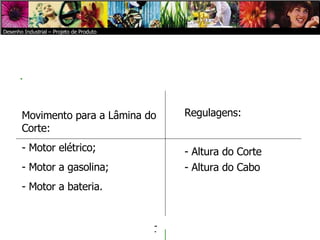   Desenho Industrial – Projeto de Produto  Regulagens: - Altura do Corte - Altura do Cabo Movimento para a Lâmina do Corte: - Motor elétrico; Motor a gasolina; Motor a bateria. Desenho Industrial – Projeto de Produto 