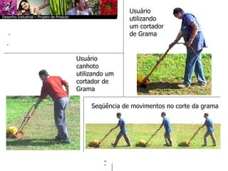    Desenho Industrial – Projeto de Produto Usuário utilizando um cortador de Grama Usuário canhoto utilizando um cortador de Grama Seqüência de movimentos no corte da grama 