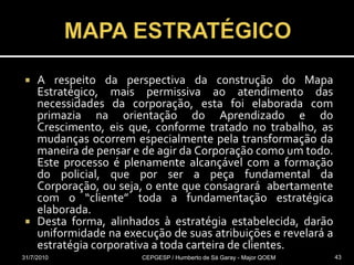 MAPAESTRATÉGICOA respeito da perspectiva da construção do Mapa Estratégico, mais permissiva ao atendimento das necessidades da corporação, esta foi elaborada com primazia na orientação do Aprendizado e do Crescimento, eis que, conforme tratado no trabalho, as mudanças ocorrem especialmente pela transformação da maneira de pensar e de agir da Corporação como um todo. Este processo é plenamente alcançável com a formação do policial, que por ser a peça fundamental da Corporação, ou seja, o ente que consagrará  abertamente com o “cliente” toda a fundamentação estratégica elaborada. Desta forma, alinhados à estratégia estabelecida, darão uniformidade na execução de suas atribuições e revelará a estratégia corporativa a toda carteira de clientes.   31/07/2010CEPGESP / Humberto de Sá Garay - Major QOEM43