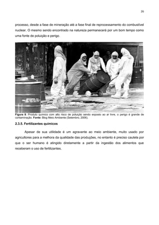 26
processo, desde a fase de mineração até a fase final de reprocessamento do combustível
nuclear. O mesmo sendo encontrado na natureza permanecerá por um bom tempo como
uma fonte de poluição e perigo.
Figura 8: Produto químico com alto risco de poluição sendo exposto ao ar livre, o perigo é grande de
contaminação. Fonte: Blog Meio Ambiente (Setembro, 2006).
2.3.5. Fertilizantes químicos
Apesar de sua utilidade é um agravante ao meio ambiente, muito usado por
agricultores para a melhora da qualidade das produções, no entanto é preciso cautela por
que o ser humano é atingido diretamente a partir da ingestão dos alimentos que
receberam o uso de fertilizantes.
 