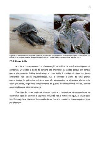 29
Figura 11: Observam-se animais cobertos de petróleo nos oceanos, o vazamento deste combustível traz
danos incalculáveis para os ecossistemas aquáticos. Fonte: blog. Planalto 13 de ago. de 2015
2.3.8. Chuva ácida
Acontece com o aumento da concentração de óxidos de enxofre e nitrogênio na
atmosfera. Os óxidos e óxido de carbono são chamados de ácidos porque em contato
com a chuva geram ácidos. Atualmente, a chuva ácida é um dos principais problemas
ambientais nos países industrializados. Ela é formada a partir de uma grande
concentração de poluentes químicos que são despejados na atmosfera diariamente.
Estes poluentes, originados principalmente da queima de combustíveis fosseis, formam
nuvem neblinas e até mesmo neve.
Este tipo de chuva pode até mesmo provoca o descontrole de ecossistema, ao
exterminar tipos de animais e vegetais. Poluindo rios e fontes de água, a chuva pode
também prejudicar diretamente a saúde do ser humano, causando doenças pulmonares,
por exemplo.
 