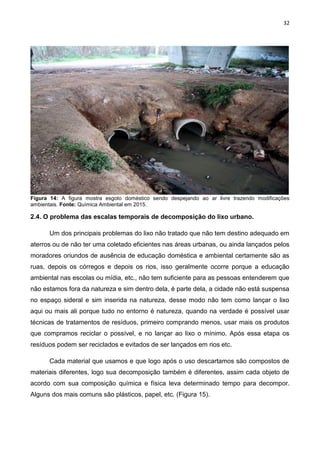 32
Figura 14: A figura mostra esgoto doméstico sendo despejando ao ar livre trazendo modificações
ambientais. Fonte: Química Ambiental em 2015.
2.4. O problema das escalas temporais de decomposição do lixo urbano.
Um dos principais problemas do lixo não tratado que não tem destino adequado em
aterros ou de não ter uma coletado eficientes nas áreas urbanas, ou ainda lançados pelos
moradores oriundos de ausência de educação doméstica e ambiental certamente são as
ruas, depois os córregos e depois os rios, isso geralmente ocorre porque a educação
ambiental nas escolas ou mídia, etc., não tem suficiente para as pessoas entenderem que
não estamos fora da natureza e sim dentro dela, é parte dela, a cidade não está suspensa
no espaço sideral e sim inserida na natureza, desse modo não tem como lançar o lixo
aqui ou mais ali porque tudo no entorno é natureza, quando na verdade é possível usar
técnicas de tratamentos de resíduos, primeiro comprando menos, usar mais os produtos
que compramos reciclar o possível, e no lançar ao lixo o mínimo. Após essa etapa os
resíduos podem ser reciclados e evitados de ser lançados em rios etc.
Cada material que usamos e que logo após o uso descartamos são compostos de
materiais diferentes, logo sua decomposição também é diferentes, assim cada objeto de
acordo com sua composição química e física leva determinado tempo para decompor.
Alguns dos mais comuns são plásticos, papel, etc. (Figura 15).
 