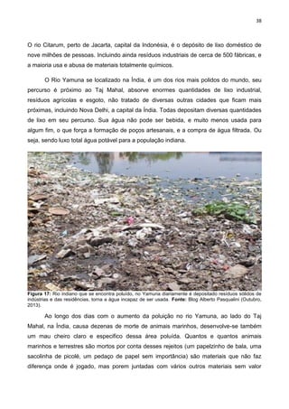 38
O rio Citarum, perto de Jacarta, capital da Indonésia, é o depósito de lixo doméstico de
nove milhões de pessoas. Incluindo ainda resíduos industriais de cerca de 500 fábricas, e
a maioria usa e abusa de materiais totalmente químicos.
O Rio Yamuna se localizado na Índia, é um dos rios mais polidos do mundo, seu
percurso é próximo ao Taj Mahal, absorve enormes quantidades de lixo industrial,
resíduos agrícolas e esgoto, não tratado de diversas outras cidades que ficam mais
próximas, incluindo Nova Delhi, a capital da Índia. Todas depositam diversas quantidades
de lixo em seu percurso. Sua água não pode ser bebida, e muito menos usada para
algum fim, o que força a formação de poços artesanais, e a compra de água filtrada. Ou
seja, sendo luxo total água potável para a população indiana.
Figura 17: Rio indiano que se encontra poluído, no Yamuna diariamente é depositado resíduos sólidos de
indústrias e das residências, torna a água incapaz de ser usada. Fonte: Blog Alberto Pasqualini (Outubro,
2013).
Ao longo dos dias com o aumento da poluição no rio Yamuna, ao lado do Taj
Mahal, na Índia, causa dezenas de morte de animais marinhos, desenvolve-se também
um mau cheiro claro e especifico dessa área poluída. Quantos e quantos animais
marinhos e terrestres são mortos por conta desses rejeitos (um papelzinho de bala, uma
sacolinha de picolé, um pedaço de papel sem importância) são materiais que não faz
diferença onde é jogado, mas porem juntadas com vários outros materiais sem valor
 