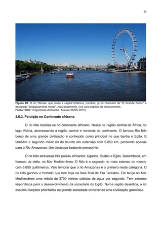 43
Figura 20: O rio Tâmisa, que cruza a capital britânica, Londres, já foi chamado de "O Grande Fedor" e
declarado "biologicamente morto", mas atualmente, vive uma espécie de renascimento.
Fonte: IBGE; Engenharia Ambiental. Acesso 20/05/ 2015).
2.6.3. Poluição no Continente africano
O rio Nilo localiza-se no continente africano. Nasce na região central da África, no
lago Vitória, atravessando a região central e nordeste do continente. O famoso Rio Nilo
berço de uma grande civilização é conhecido como principal rio que banha o Egito. E
também o segundo maior rio do mundo em extensão com 6.650 km, perdendo apenas
para o Rio Amazonas. Um destaque bastante perceptível.
O rio Nilo atravessa três países africanos: Uganda, Sudão e Egito. Desemboca, em
formato de delta, no Mar Mediterrâneo. O Nilo é o segundo rio mais extenso do mundo
com 6.650 quilômetros. Vale lembrar que o rio Amazonas é o primeiro nesta categoria. O
rio Nilo ganhou o formato que tem hoje na fase final da Era Terciária. Ele lança no Mar
Mediterrâneo uma média de 2700 metros cúbicos de água por segundo. Tem extrema
importância para o desenvolvimento da sociedade do Egito. Numa região desértica, o rio
assumiu funções prioritárias na grande sociedade envolvendo uma civilização grandiosa.
 