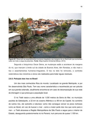 46
Figura 23: Observam-se assentamentos humanos irregulares nas margens do rio Riachuelo que aumentam
cada vez mais a carga de poluentes. Fonte: Blog Impacto Ambiental (Março, 2013).
Segundo o bioquímico Oscar Deina, as mudanças estão a acontecer às margens
do rio, que marcam o limite sul da cidade de Buenos Aires, têm florestas, e não mais o
lixo e assentamentos humanos irregulares. O lixo no leito foi removido, e controles
sistemáticos das indústrias e obras são realizados para tratar águas residuais.
2.6.5. Poluição dos rios no Brasil
Um dos mais conhecidos Rios do mundo. Localizado na grande Metrópole, e por
fim desenvolvida São Paulo. Tem seu nome característico e reconhecido por ser poluído
em sua grande extensão, atualmente encontra-se em caso de decomposição de sua rede
de drenagem o que preocupa a população local.
O rio Tietê nasce a uma altitude de 1.030 metros da Serra do Mar, no município
paulista de Salesópolis, a 22 km do oceano Atlântico e a 96 km da Capital. Ao contrário
de outros rios, ele subverte a natureza: como não consegue vencer os picos rochosos
rumo ao litoral, em vez de buscar o mar - como a maior parte dos rios que corre para o
mar – o Tietê atravessa a Região Metropolitana de São Paulo e segue para o interior do
Estado, desaguando posteriormente no rio Paraná, num percurso de quase 1.100 km.
 